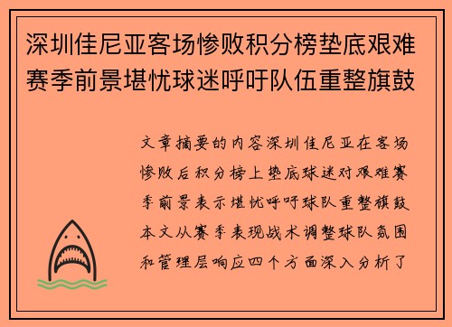 深圳佳尼亚客场惨败积分榜垫底艰难赛季前景堪忧球迷呼吁队伍重整旗鼓