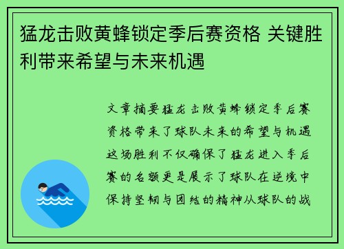 猛龙击败黄蜂锁定季后赛资格 关键胜利带来希望与未来机遇